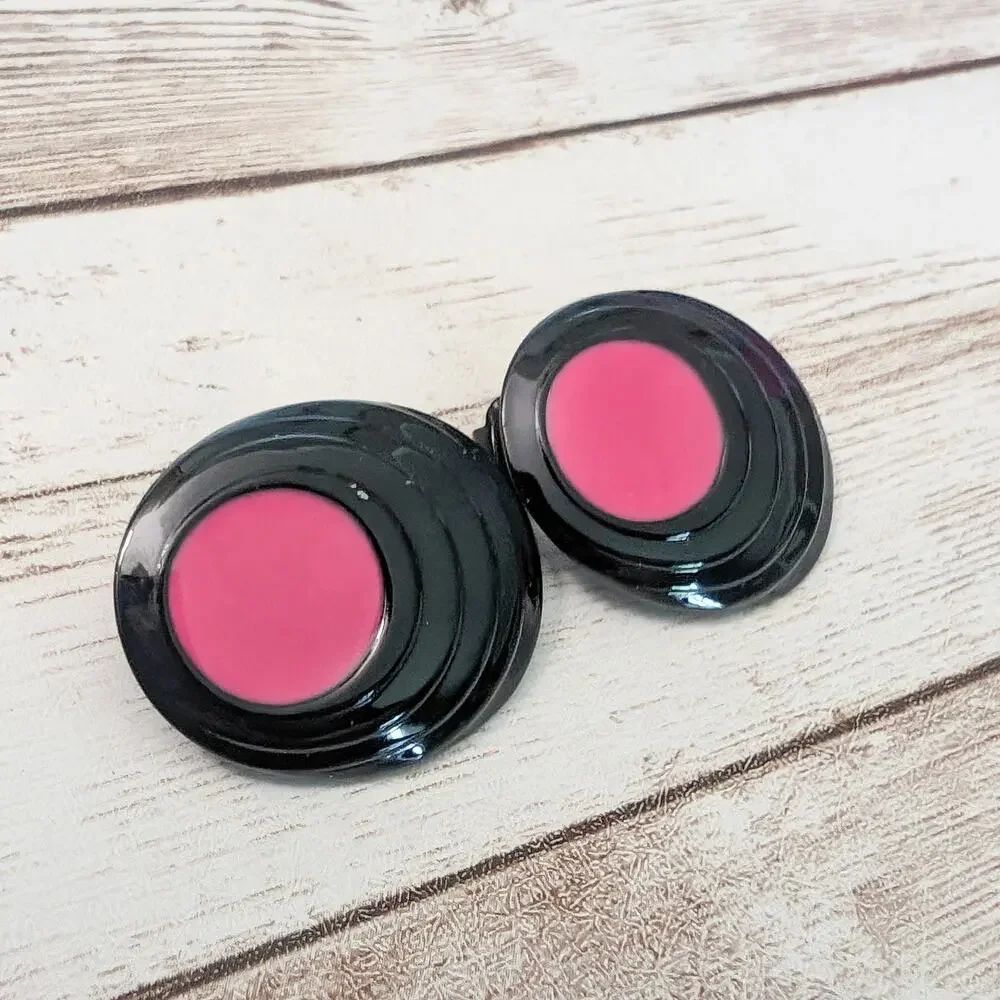 Vintage Clip On Earrings Dark Pink & Black Oval 1.25